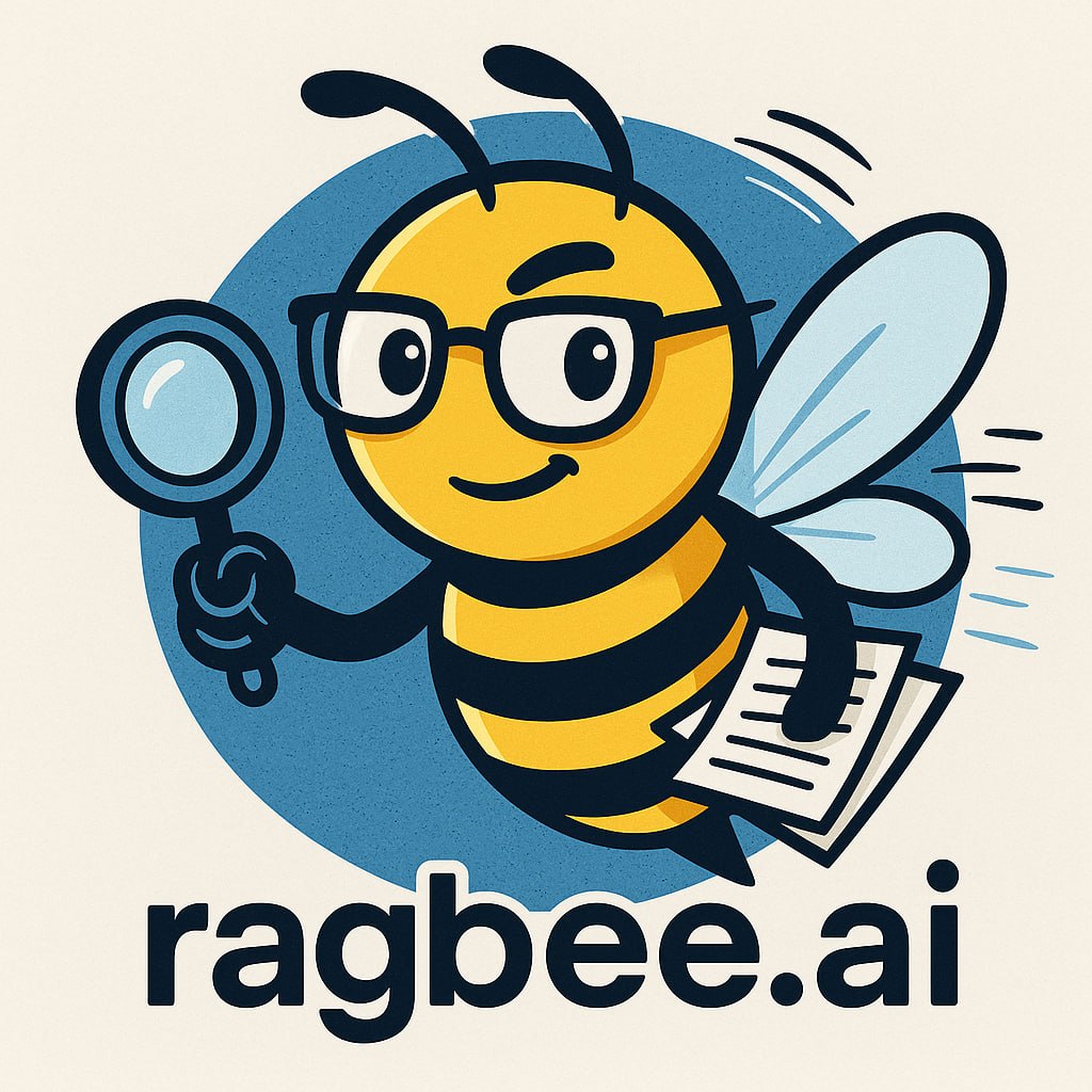 Ragbee logo — bee mascot with magnifying glass and documents